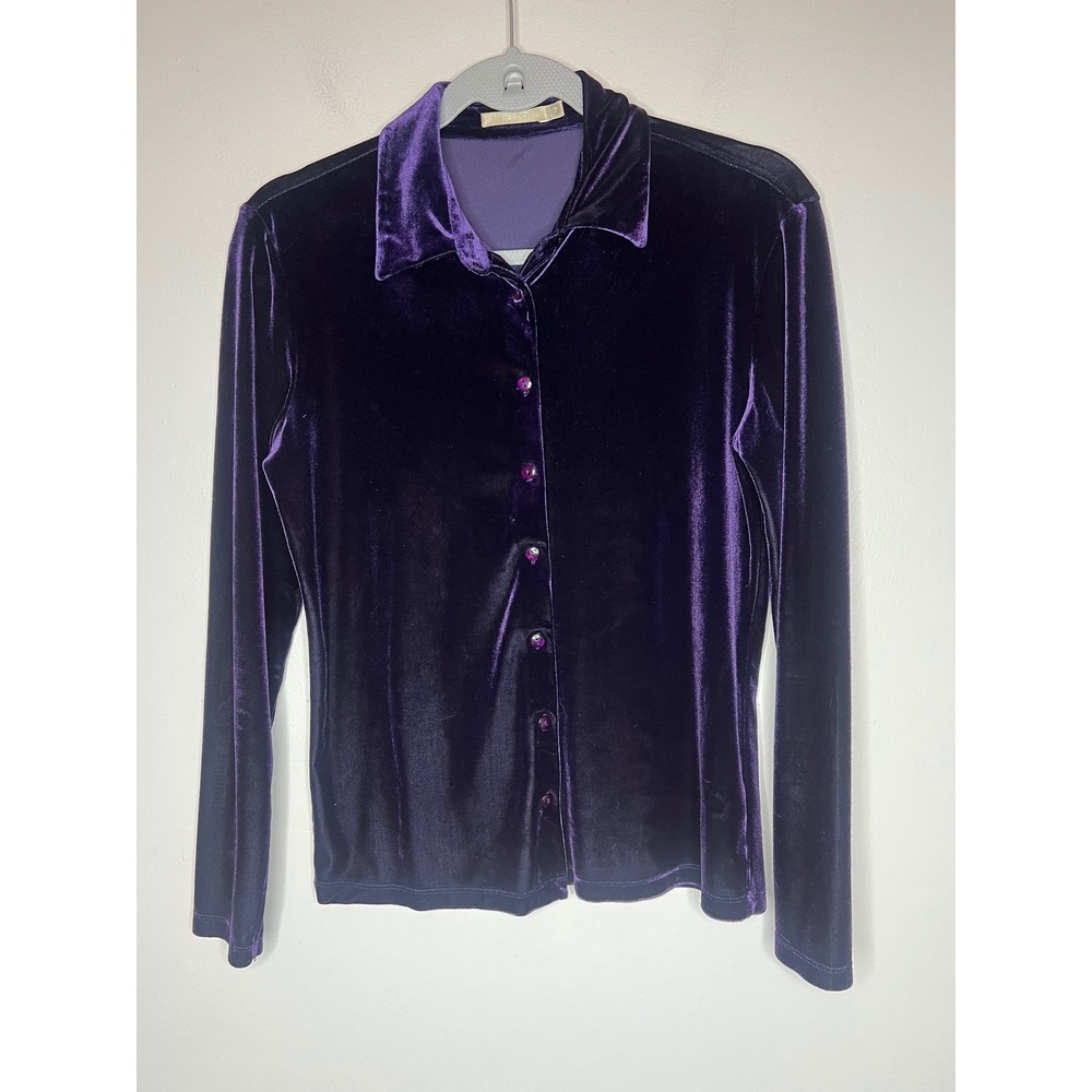 G2000 Purple Stretch Velvet Button Front Blouse Womens 7 Y2K Whimsigoth 90s Goth
